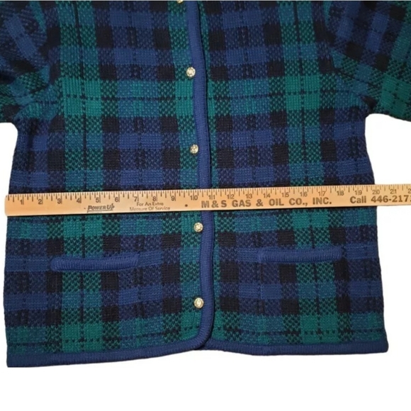 Vintage Crystal Kobe Cardigan Acryli Sweater Green Tartan Plaid Gold Buttons 80s - Picture 8 of 12